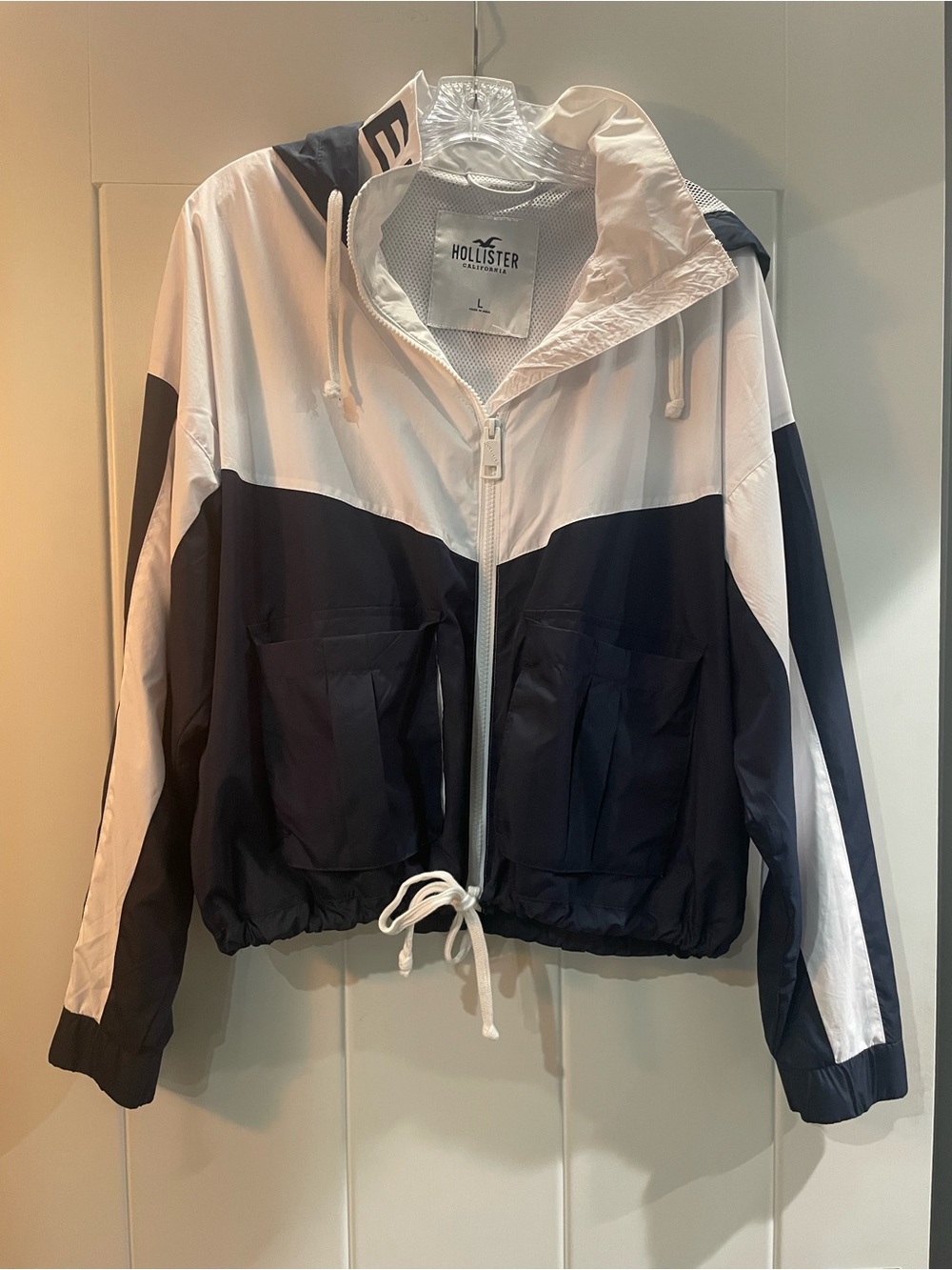 Hollister Navy and White Colorblock Hooded Bomber Jacket